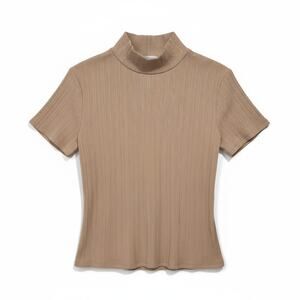 Fashion Nova Womens Size Small Beige Ribbed Mock Neck Short Sleeve Top Cotton